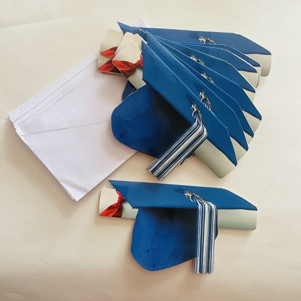 Set of 10 Die-cut Blue‎ Graduation Hat Shaped Invitations Cards & 10 Envelope